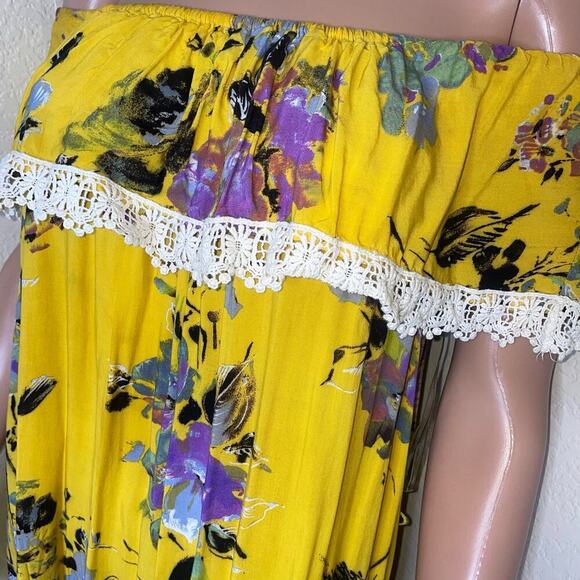 Umgee Sunny Yellow Floral On Off Shoulder Maxi Dress  Bottom Tier Ruffle Side MD - Picture 6 of 11